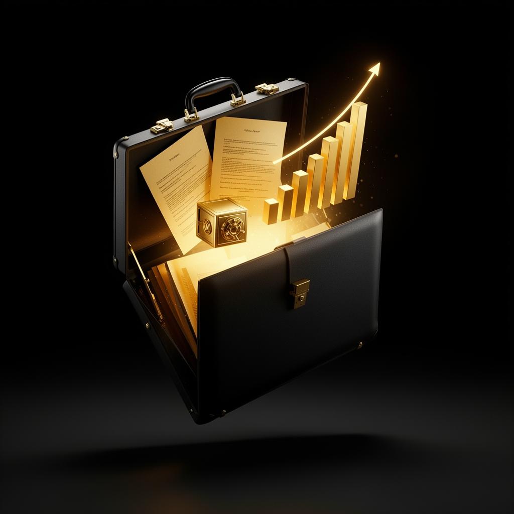 Floating golden briefcase representing transparent business consulting