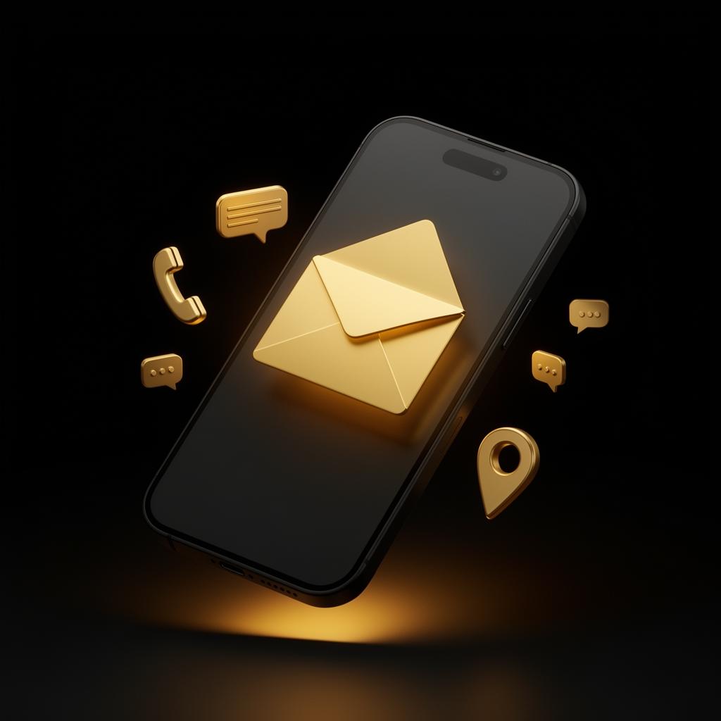 Isometric phone with golden envelope representing direct contact
