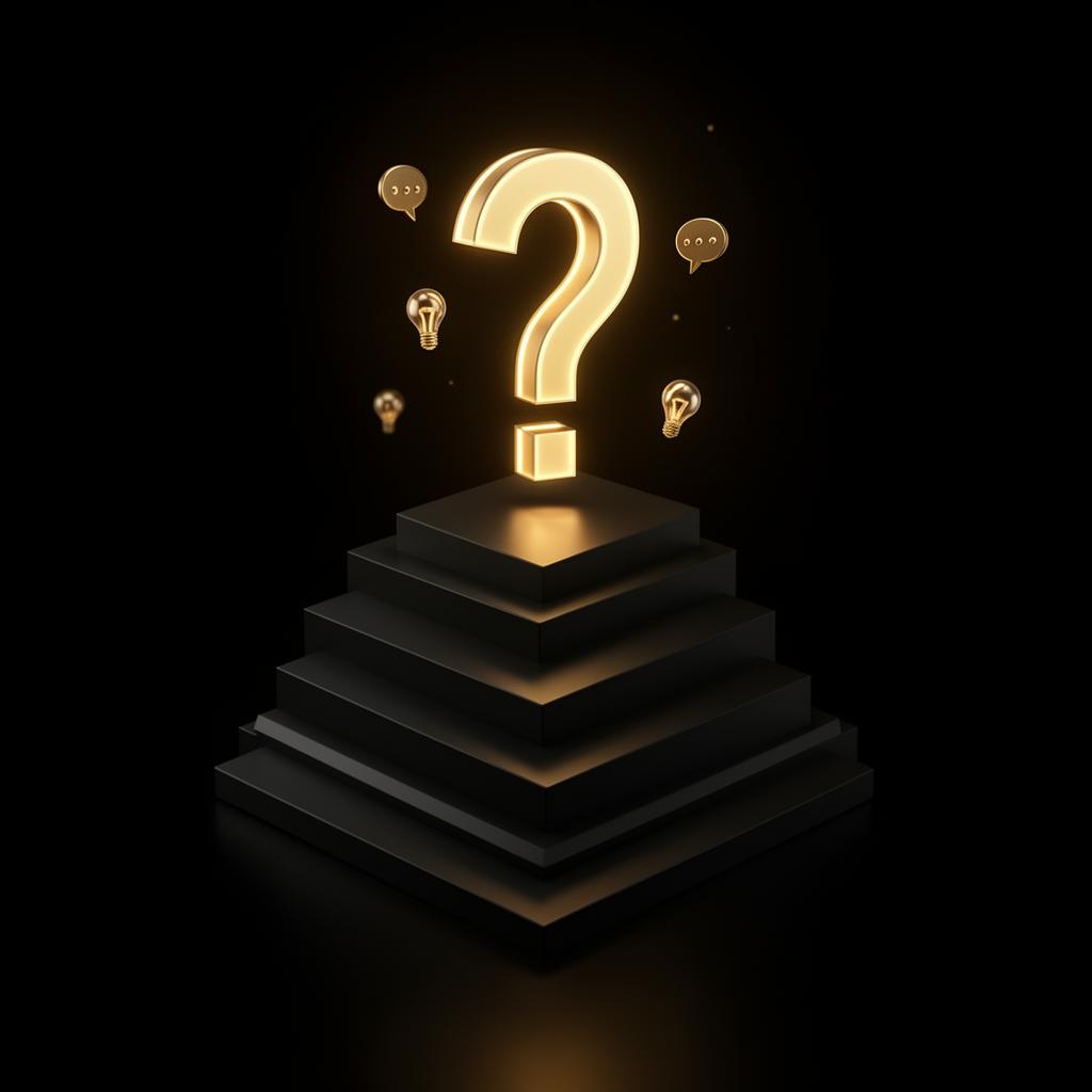 Isometric stack with glowing question mark representing answers
