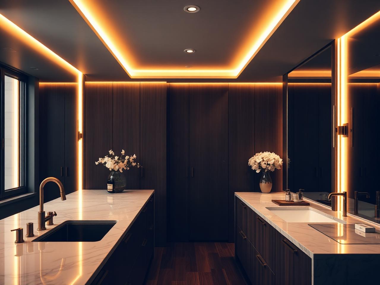 Modern kitchen and bath remodel with warm gold accent lighting